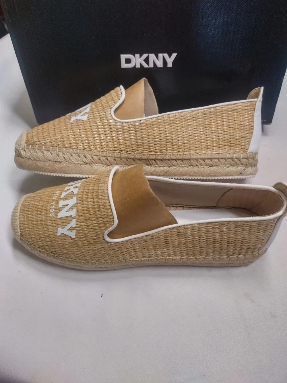 DKNY Tan Woven Espadrille Slip-Ons with White Logo